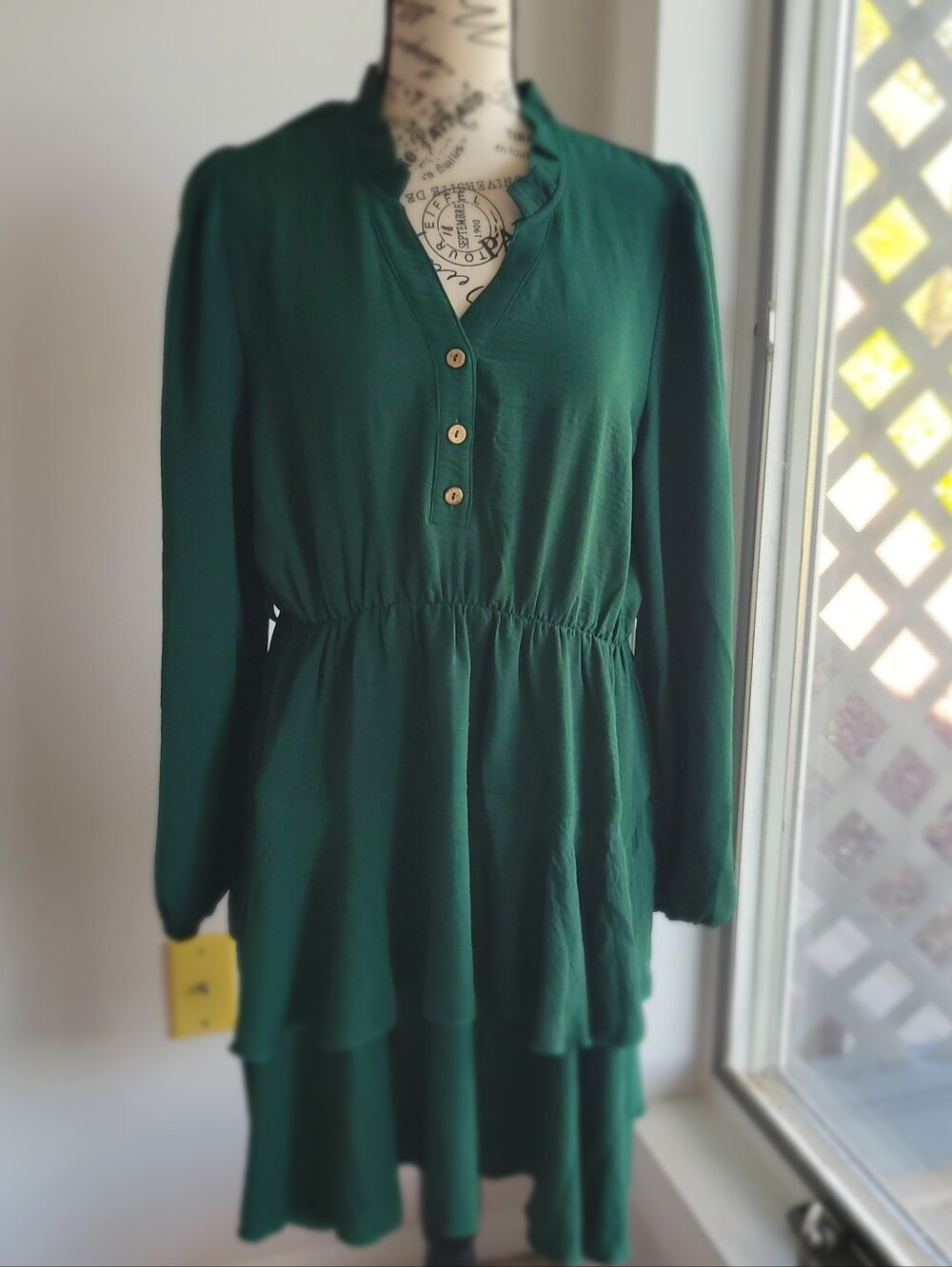 Emerald Green Tiered High-Low Dress with Button V-Neck